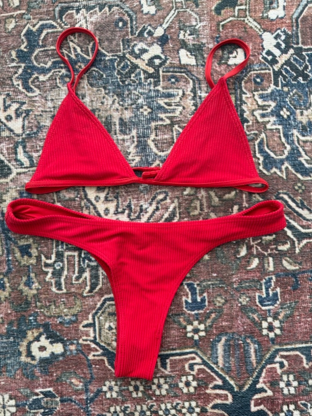 Frankie's Bikinis Red Ribbed Triangle Bikini Set